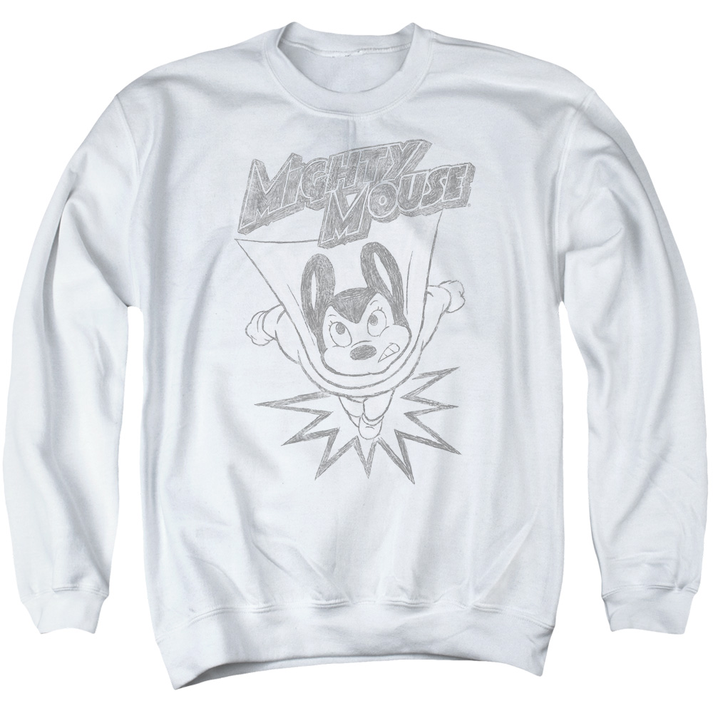 Mighty Mouse & Bursting Out Long Sleeve Adult Crewneck Sweatshirt, White - 2X