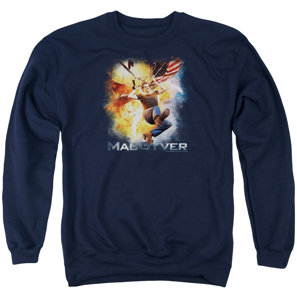 Macgyver & Parachute Long Sleeve Adult Crewneck Sweatshirt, Navy - 3X