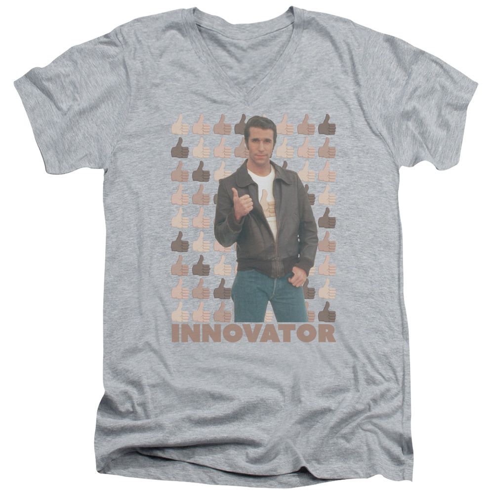 CBS2397-AV-3 Happy Days & Innovator Short Sleeve Cotton Adult Slim Fit V-Neck 30-1 T-Shirt, Athletic Heather - Large