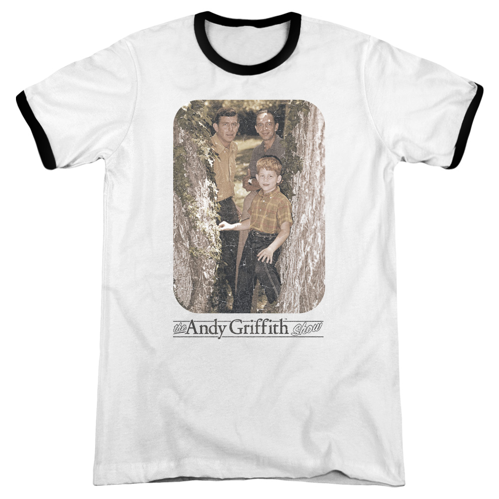 CBS1595-AR-5 Andy Griffith & Tree Photo Adult Ringer Short Sleeve T-Shirt, White & Black - 2X -  Trevco