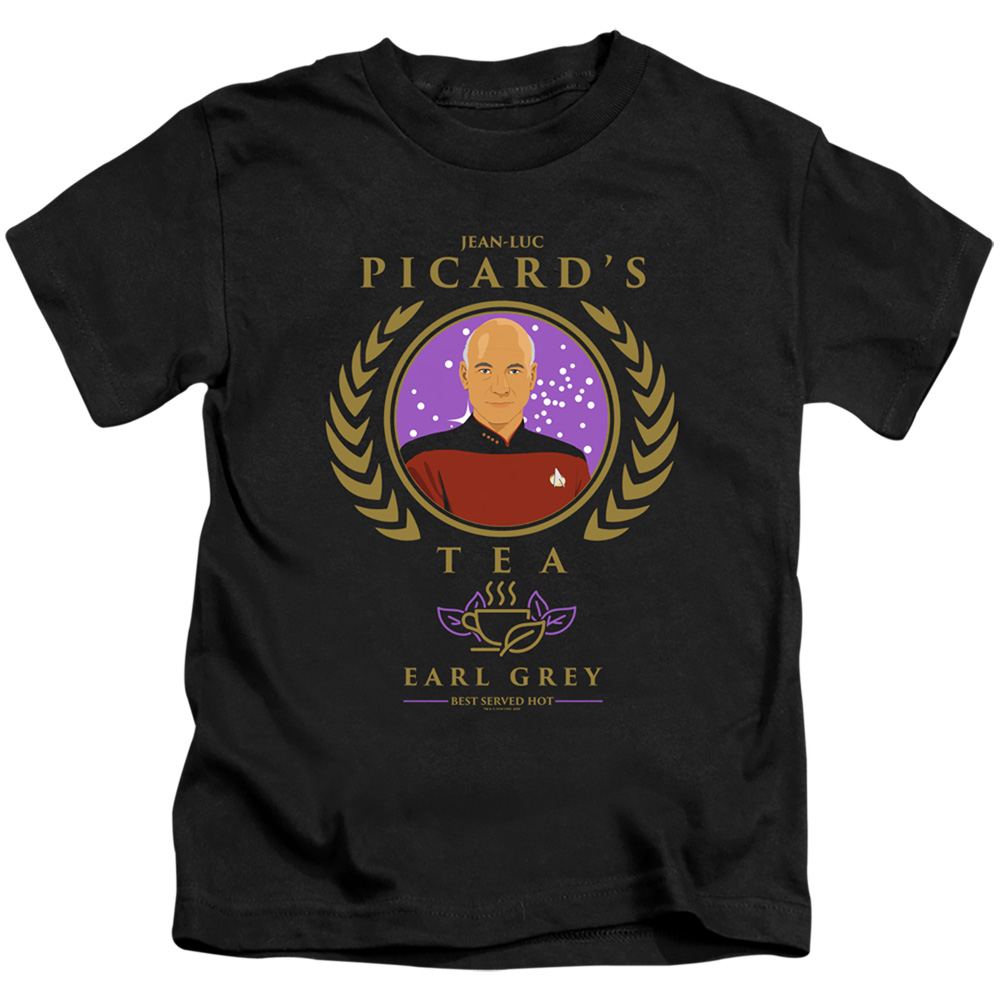 CBS2667-KT-2 Star Trek the Next Generation & Tea Earl Grey Hot Short Sleeve Juvenile Cotton 18-1 T-Shirt, Black - Medium - 5-6