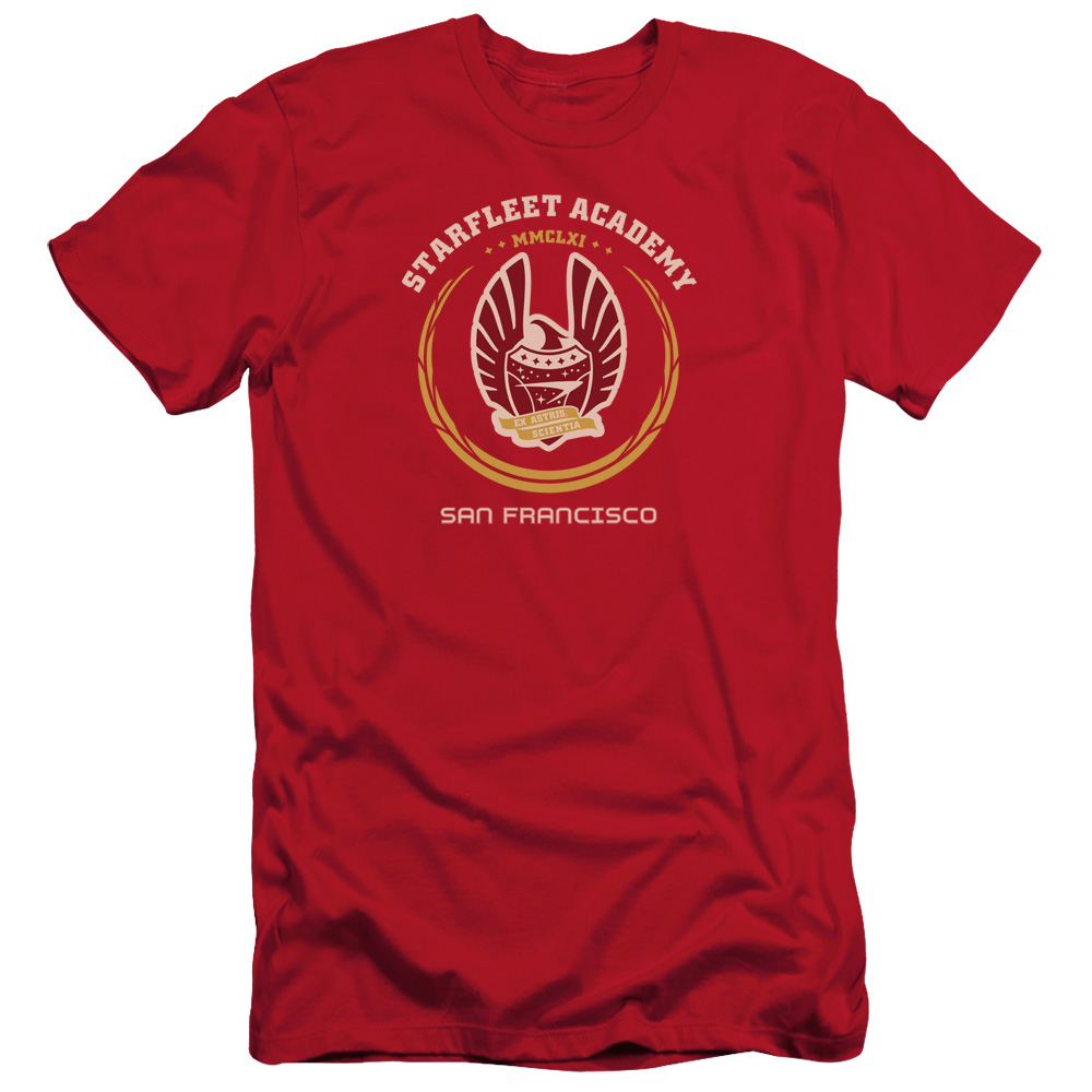 CBS845-PSF-2 Star Trek & Academy Heraldry Premium Canvas Adult Cotton Slim Fit 30-1 T-Shirt, Red - Medium