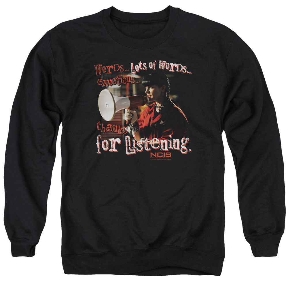 CBS814-AS-1 NCIS & Thanks for Listening Adult Cotton & Polyster Crewneck Sweatshirt, Black - Small