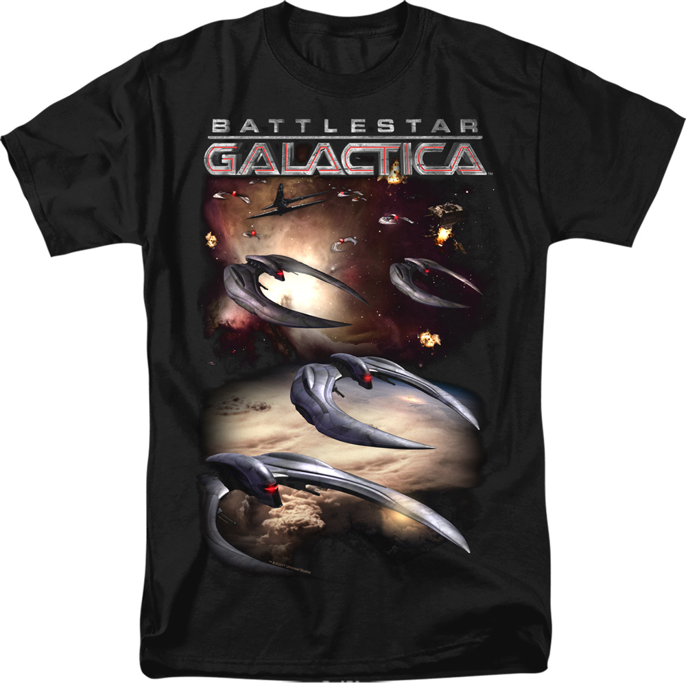 Battlestar Galactica New & When Cylons Attack-Adult Heather T-Shirt, Black - Medium