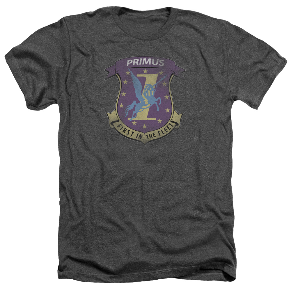 Battlestar Galactica & Primas Badge-Adult Heather T-Shirt, Charcoal - Medium