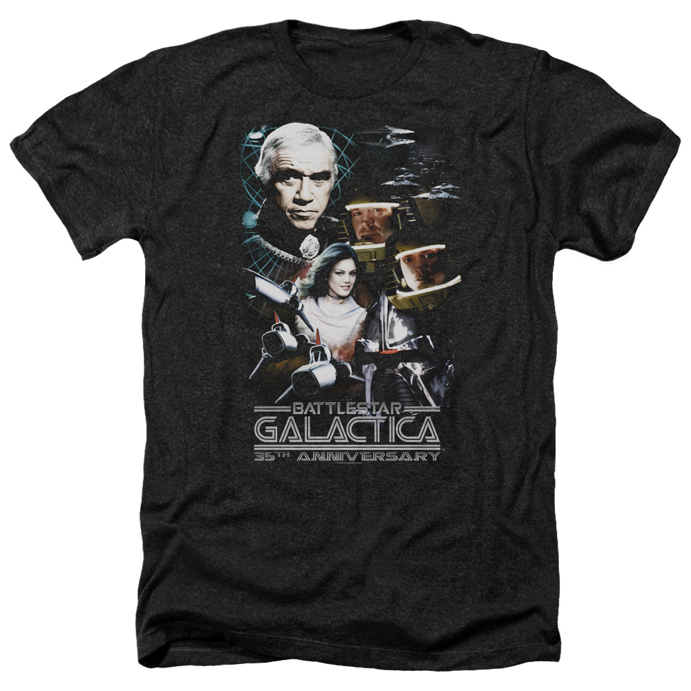 Battlestar Galactica & 35th Anniversary Collage-Adult Heather T-Shirt, Black - Medium