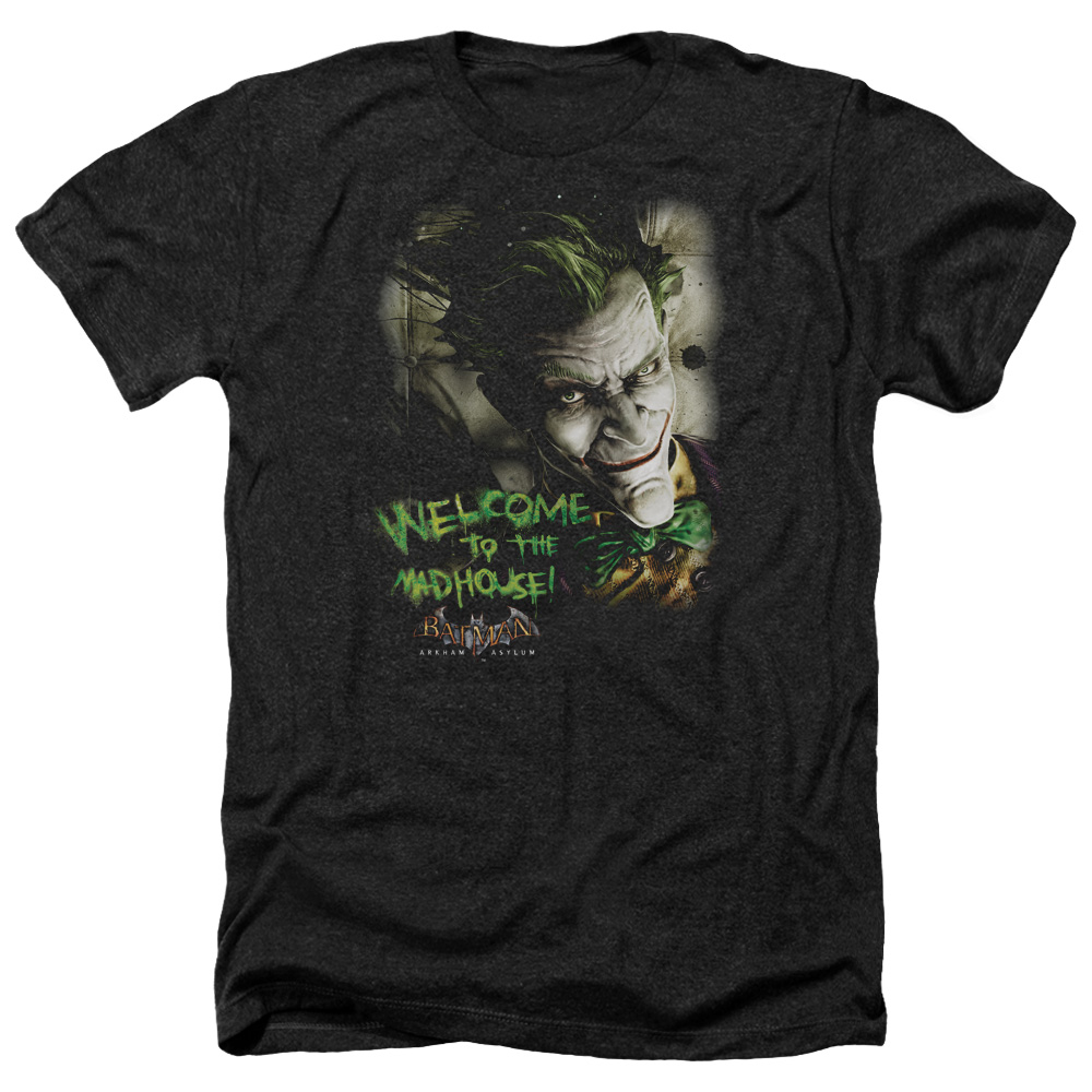 Batman AA & Welcome to the Madhouse-Adult Heather T-Shirt, Black - Extra Large