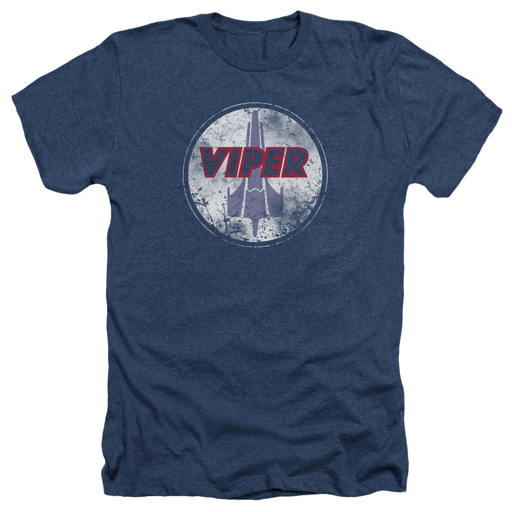 Battlestar Galactica & War Torn Viper Logo-Adult Heather T-Shirt, Navy - Medium