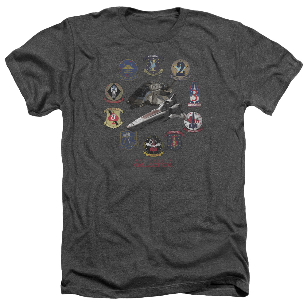 Battlestar Galactica & Badges-Adult Heather T-Shirt, Charcoal - Medium