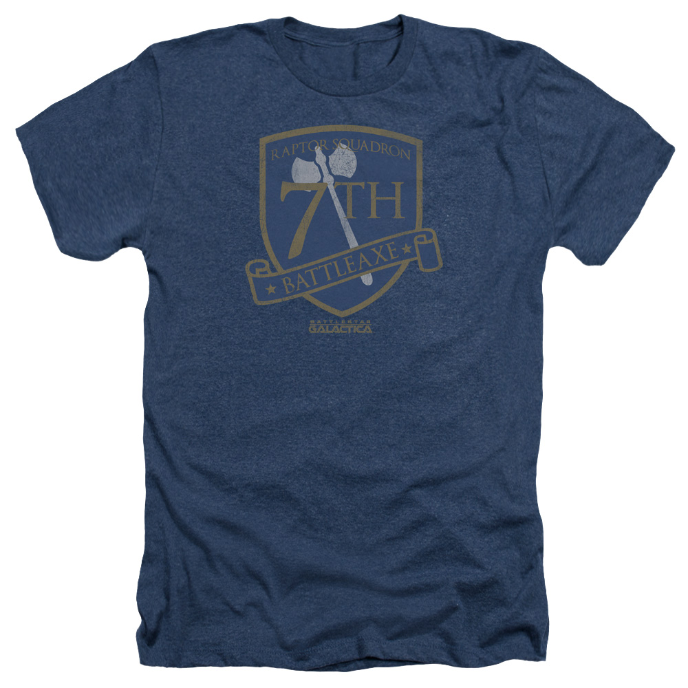 BSG281-HA-2 Battlestar Galactica & Battleaxe Badge-Adult Heather T-Shirt, Navy - Medium -  Trevco