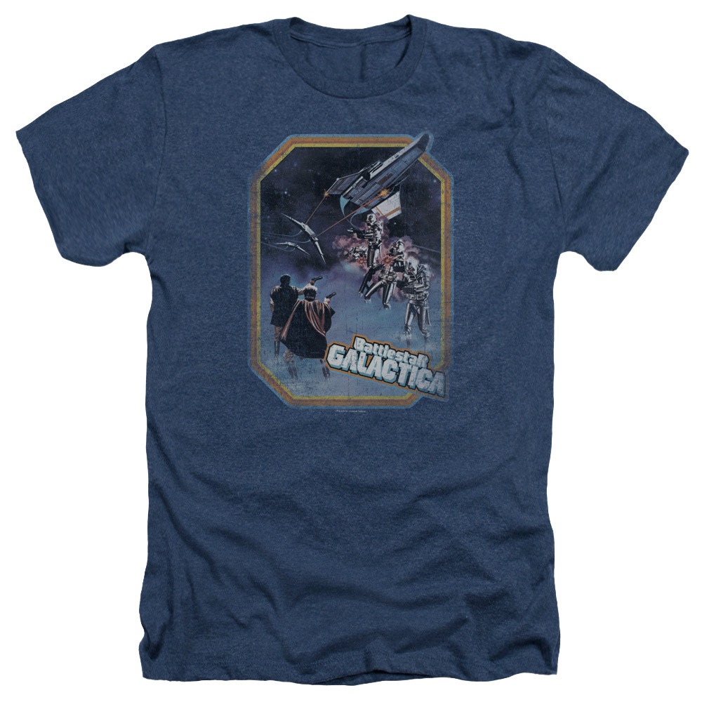 Battlestar Galactica & Poster Iron On-Adult Heather T-Shirt, Navy - Medium