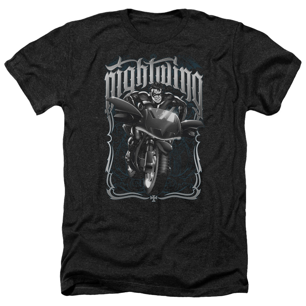 Batman & Nightwing Biker-Adult Heather T-Shirt, Black - Small