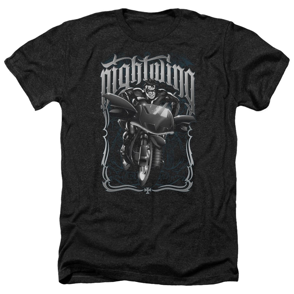 Batman & Nightwing Biker-Adult Heather T-Shirt, Black - Extra Large