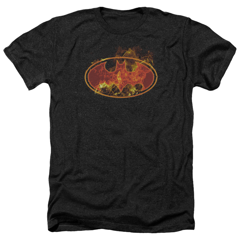 Batman & Flames Logo-Adult Heather T-Shirt, Black - Medium