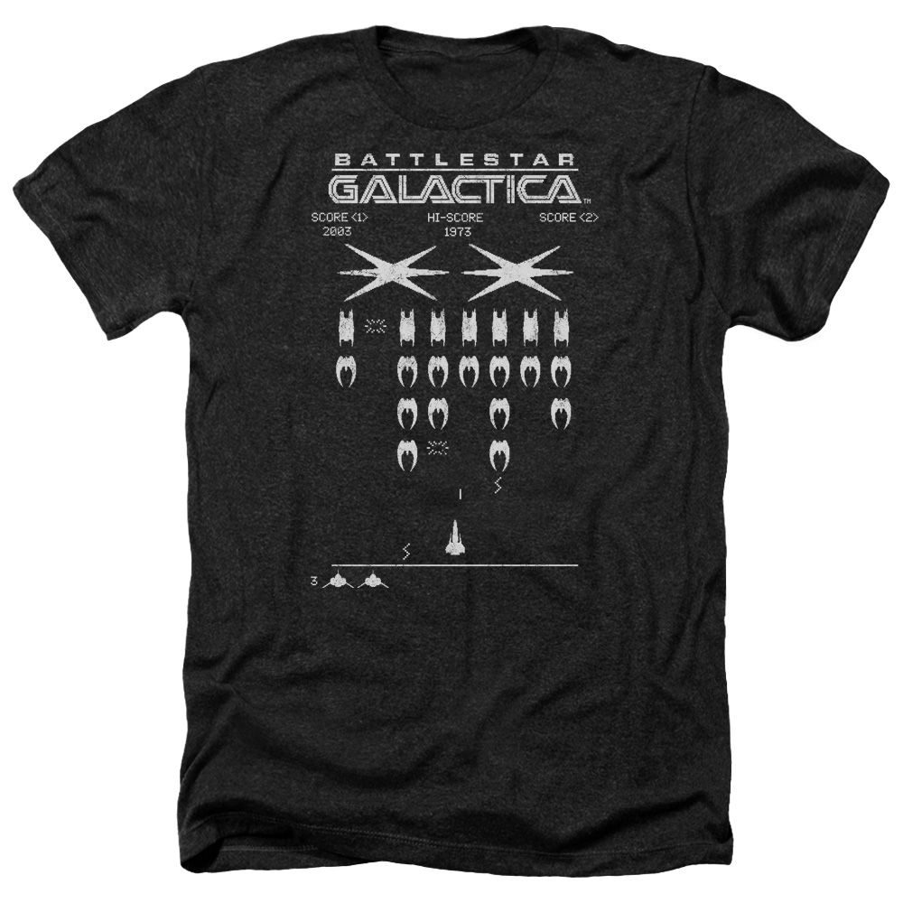 Battlestar Galactica & Galactic Invaders-Adult Heather T-Shirt, Black - 2X