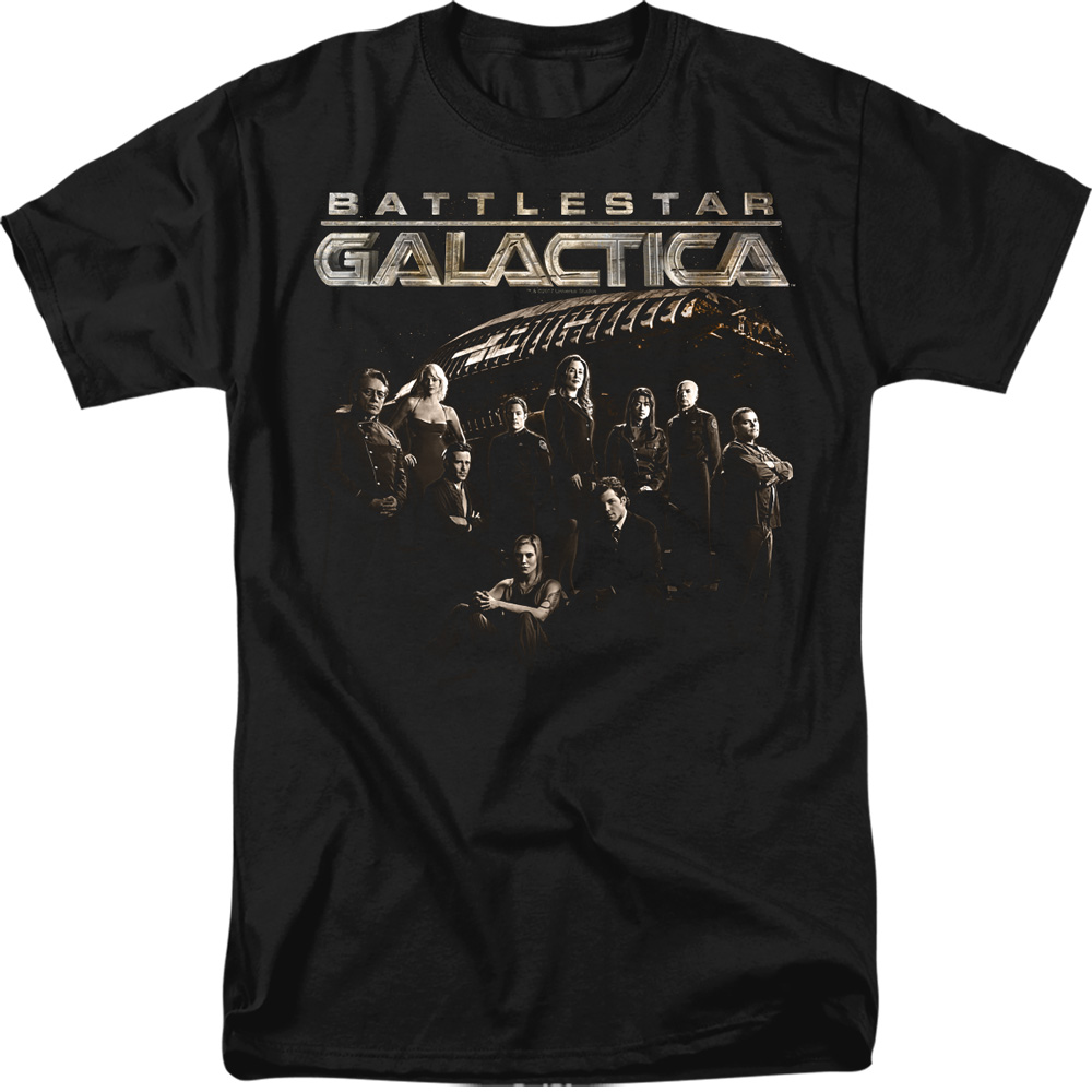 Battlestar Galactica & Battle Cast-Adult Heather T-Shirt, Black - Medium