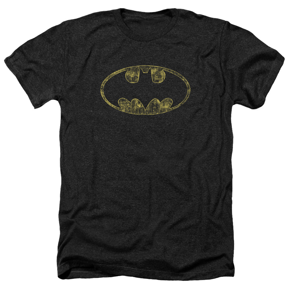 Batman & Tattered Logo-Adult Heather T-Shirt, Black - Medium