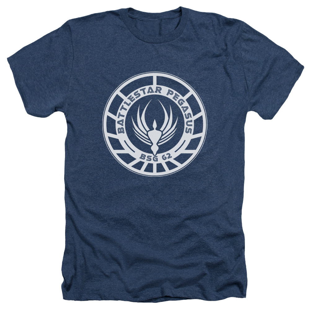 Battlestar Galactica & Pegasus Badge-Adult Heather T-Shirt, Navy - Medium