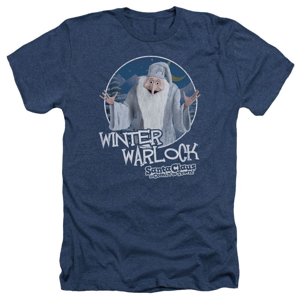 DRM149-HA-2 Santa Claus is Comin to Town & Winter Warlock Adult Regular Fit Heather Short Sleeve T-Shirt, Navy - Medium -  Trevco