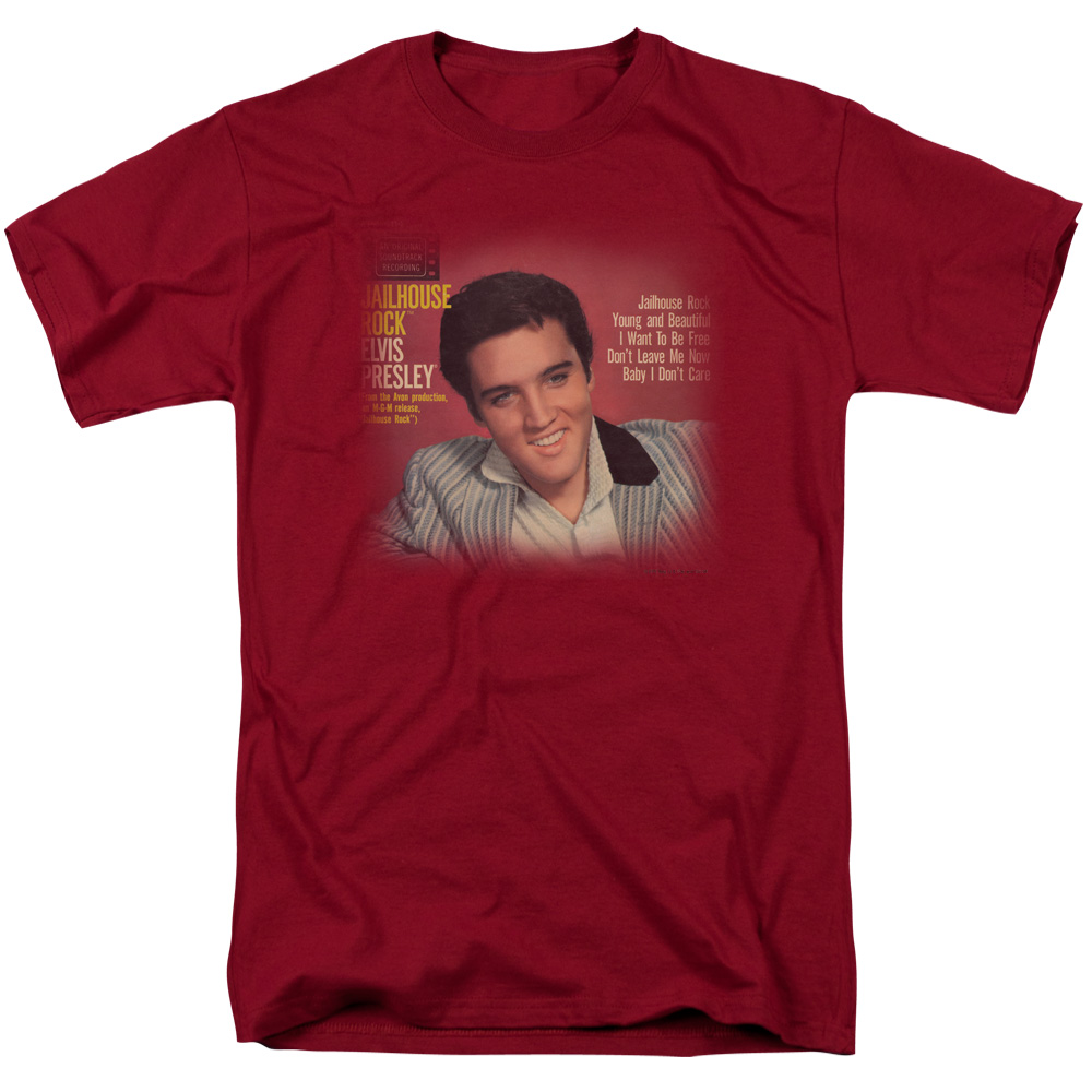 ELV671-AT-6 Elvis Presley & Jailhouse Rock 45 Adult 18-1 Regular Fit Short Sleeve T-Shirt, Cardinal - 3X -  Trevco