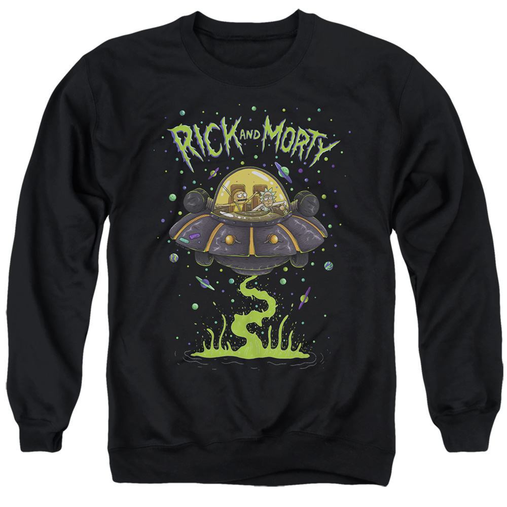 Rick & Morty UFO-Adult Crewneck Sweatshirt, Black - Medium