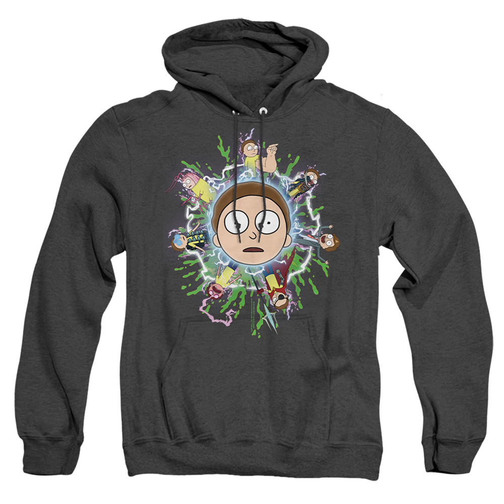 Rick & Morty Multiple Morty-Adult Heather Hoodie, Black - Medium