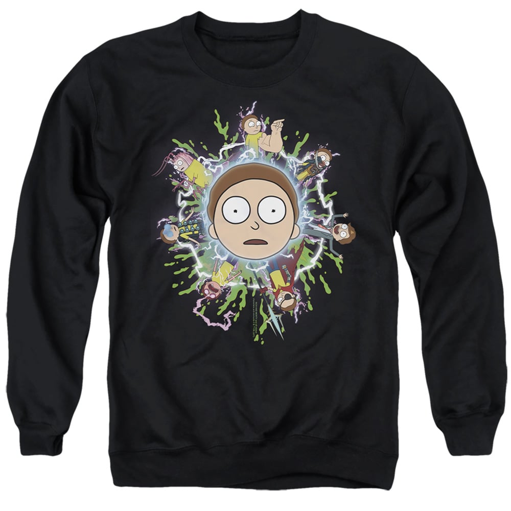 Rick & Morty Multiple Morty-Adult Crewneck Sweatshirt, Black - Medium