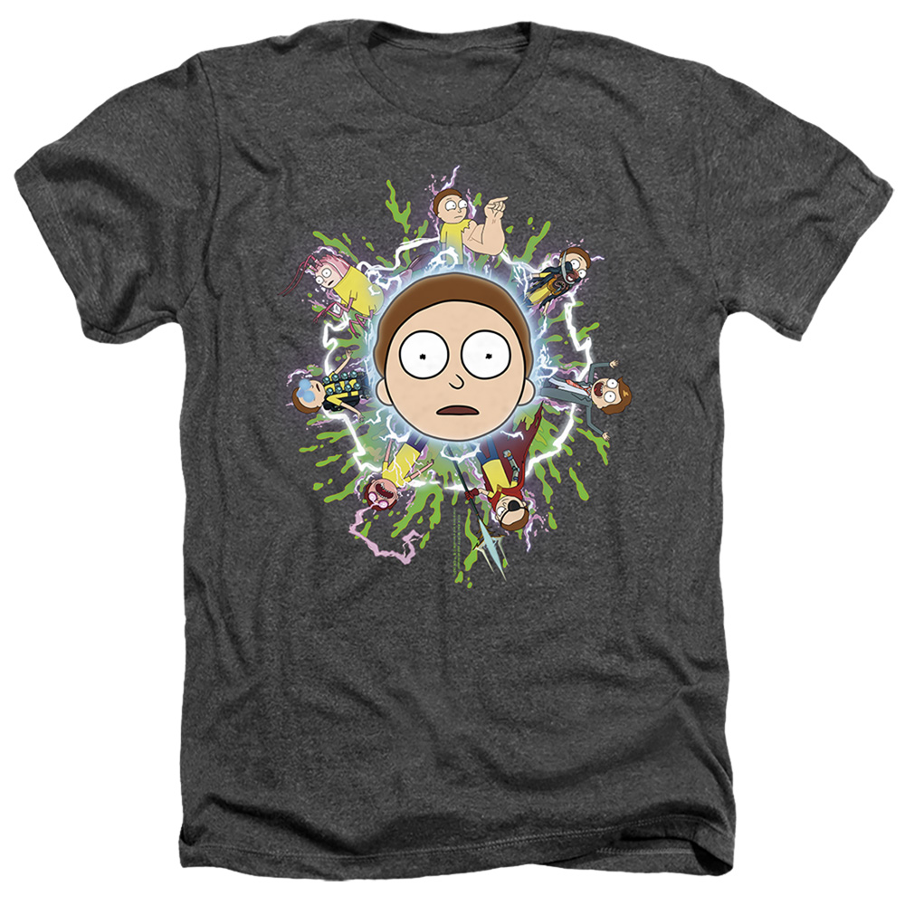 Rick & Morty Multiple Morty-Adult Heather T-Shirt, Black - Medium
