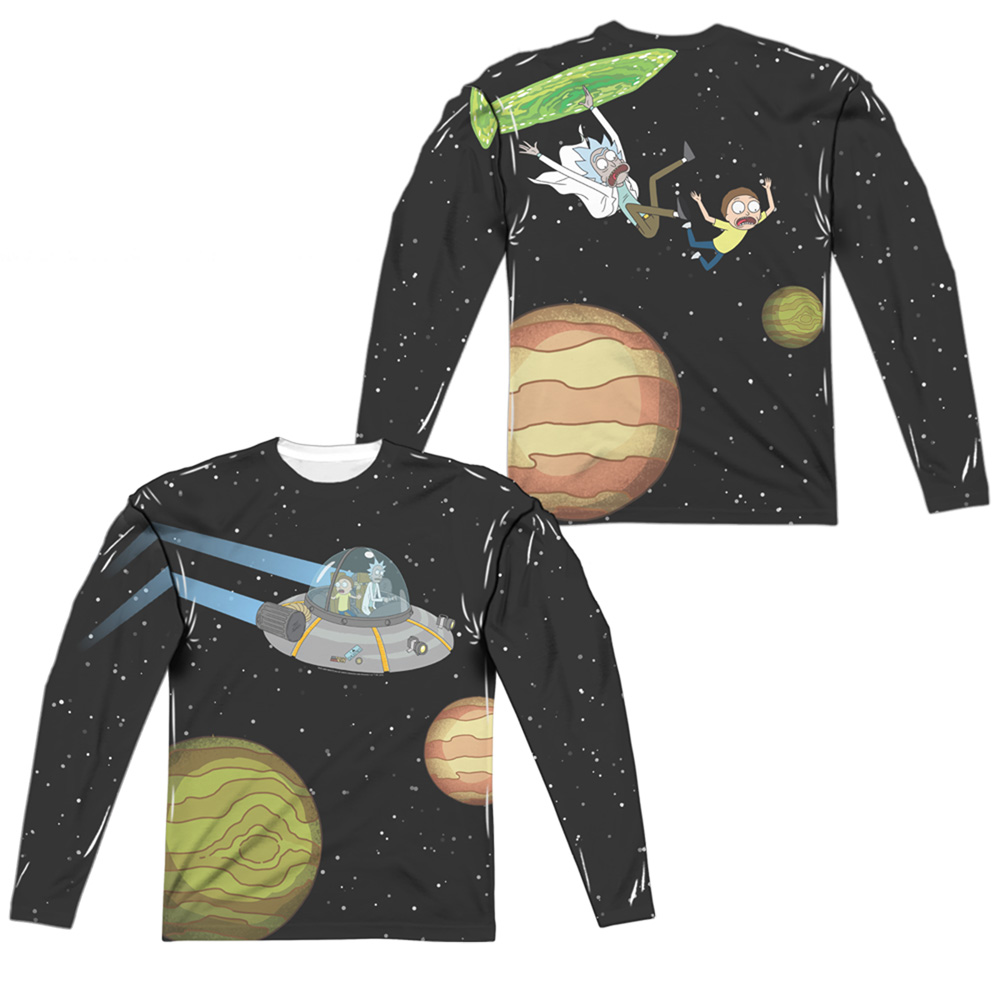 CN1739FB-ALPP-4 Rick & Morty Rick Morty In Space Front & Back Print Long Sleeve Adult Poly Crew T-Sjirt, White - Extra Large