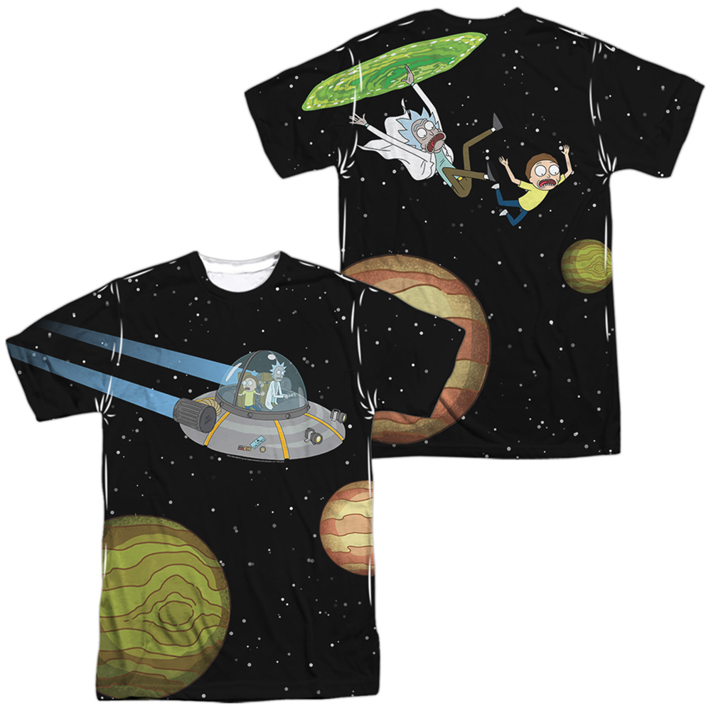 CN1739FB-ATPP-1 Rick & Morty Rick Morty In Space Front & Back Print Short Sleeve Adult Poly Crew T-Sjirt, White - Small