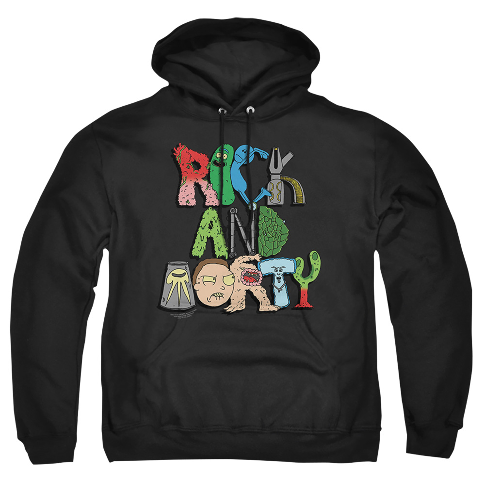 Rick & Morty Illustrated Logo-Adult Pull-Over Hoodie, Black - Medium