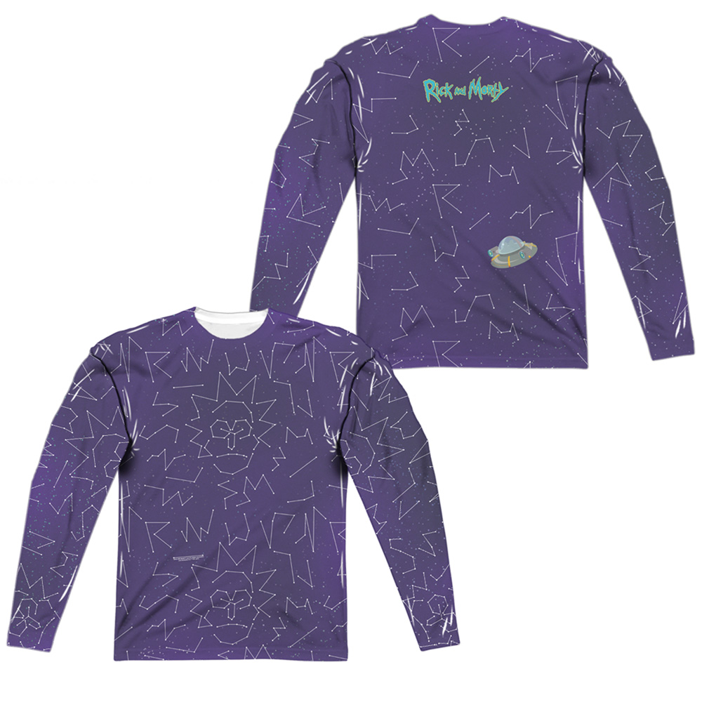 CN1759FB-ALPP-3 Rick & Morty Stars Front & Back Print Long Sleeve Adult Poly Crew T-Sjirt, White - Large