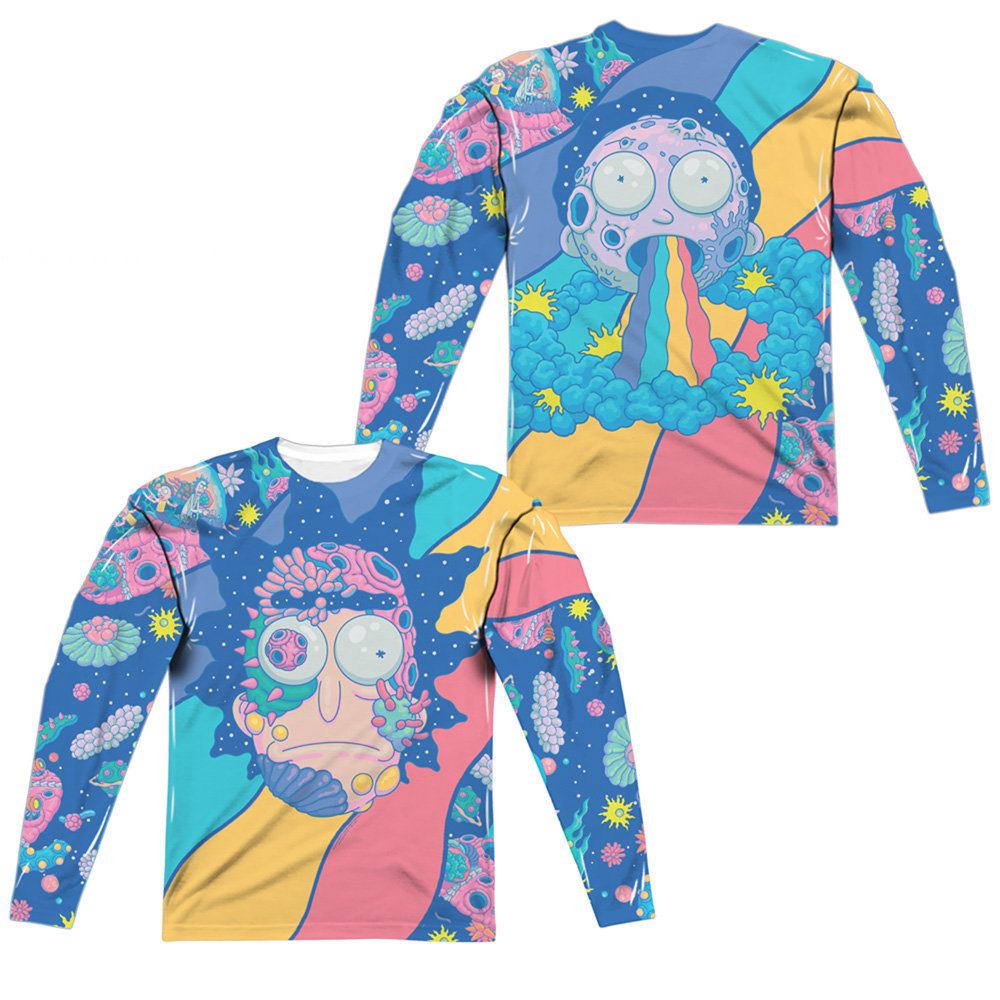 CN1760FB-ALPP-1 Rick & Morty Goodbye Front & Back Print Long Sleeve Adult Poly Crew T-Sjirt, White - Small