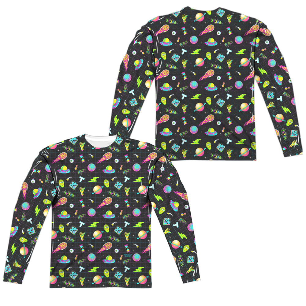 CN1768FB-ALPP-3 Rick & Morty Opening Icons Front & Back Print Long Sleeve Adult Poly Crew T-Sjirt, White - Large