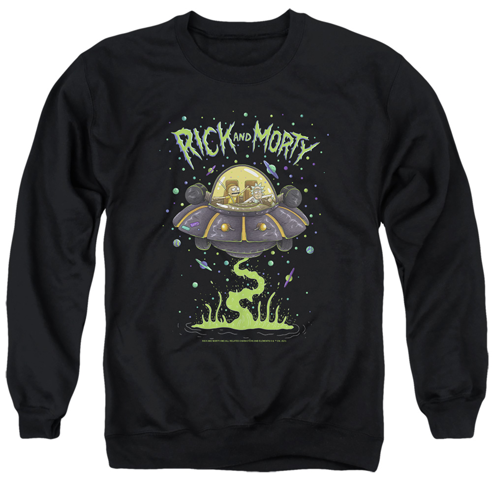 Rick & Morty Drunk Rick Ship-Adult Crewneck Sweatshirt, Black - Medium