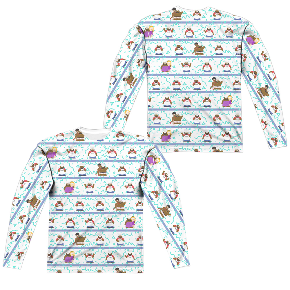 STHPK145FB-ALPP-2 South Park & Chef Vibing Front & Back Print Long Sleeve Adult Poly Crew T-Sjirt, White - Medium