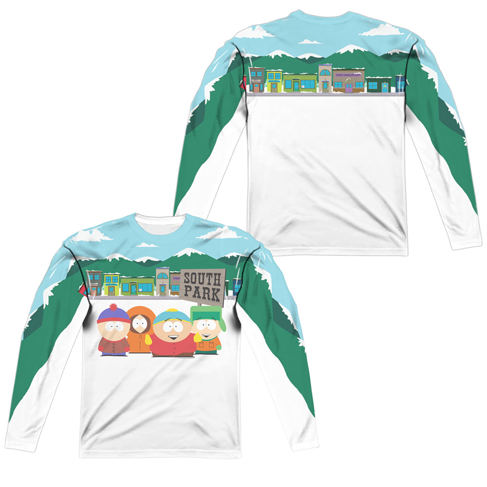 STHPK167FB-ALPP-3 South Park & Boys Sign Front & Back Print Long Sleeve Adult Poly Crew T-Sjirt, White - Large