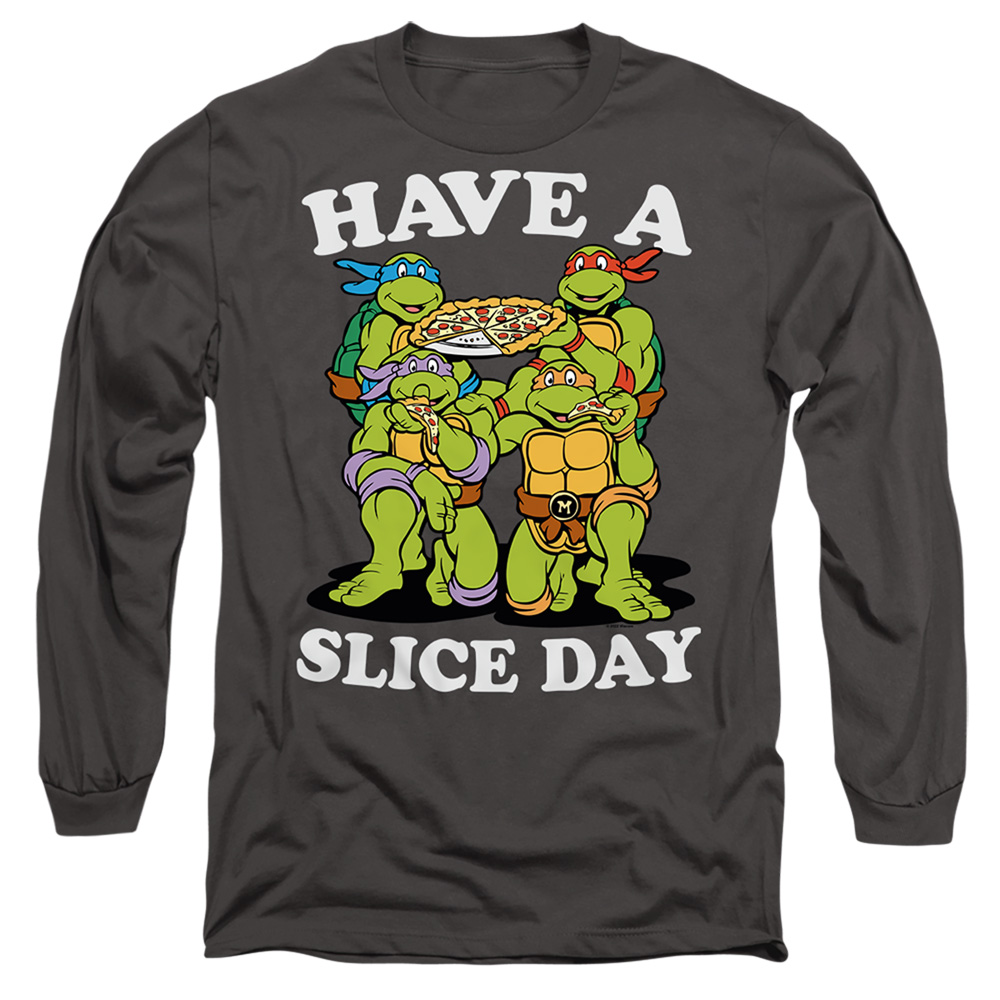 NICK397-AL-3 Teenage Mutant Ninja Turtles & Have A Slice Day Long Sleeve Adult 18-1 T-Shirt, Charcoal - Large