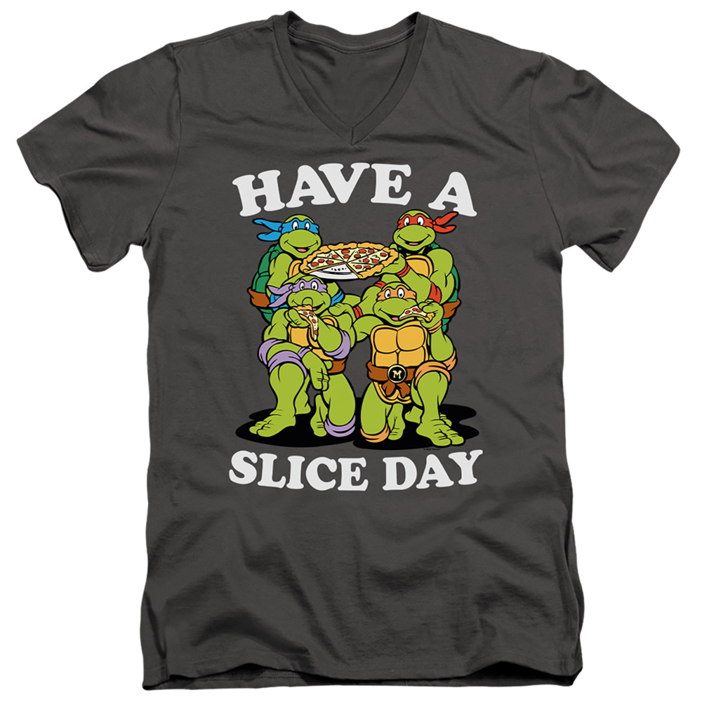 NICK397-AV-3 Teenage Mutant Ninja Turtles & Have A Slice Day Short Sleeve Adult V-Neck 30-1 T-Shirt, Charcoal - Large