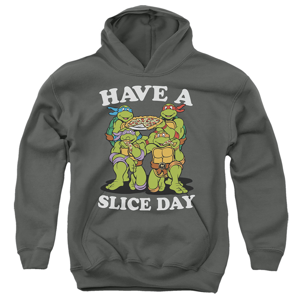 NICK397-YFTH-3 Teenage Mutant Ninja Turtles & Have A Slice Day-Youth Pull-Over Hoodie, Charcoal - Large