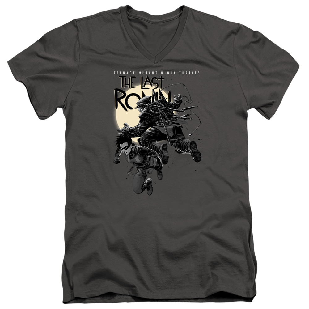 NICK1098-AV-3 Teenage Mutant Ninja Turtles & Casey Marie Jones Leaping Short Sleeve Adult V-Neck 30-1 T-Shirt, Charcoal - Large