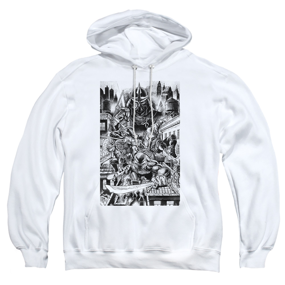 NICK315-AFTH-3 Teenage Mutant Ninja Turtles & Take Down Shredder-Adult Pull-Over Hoodie, White - Large