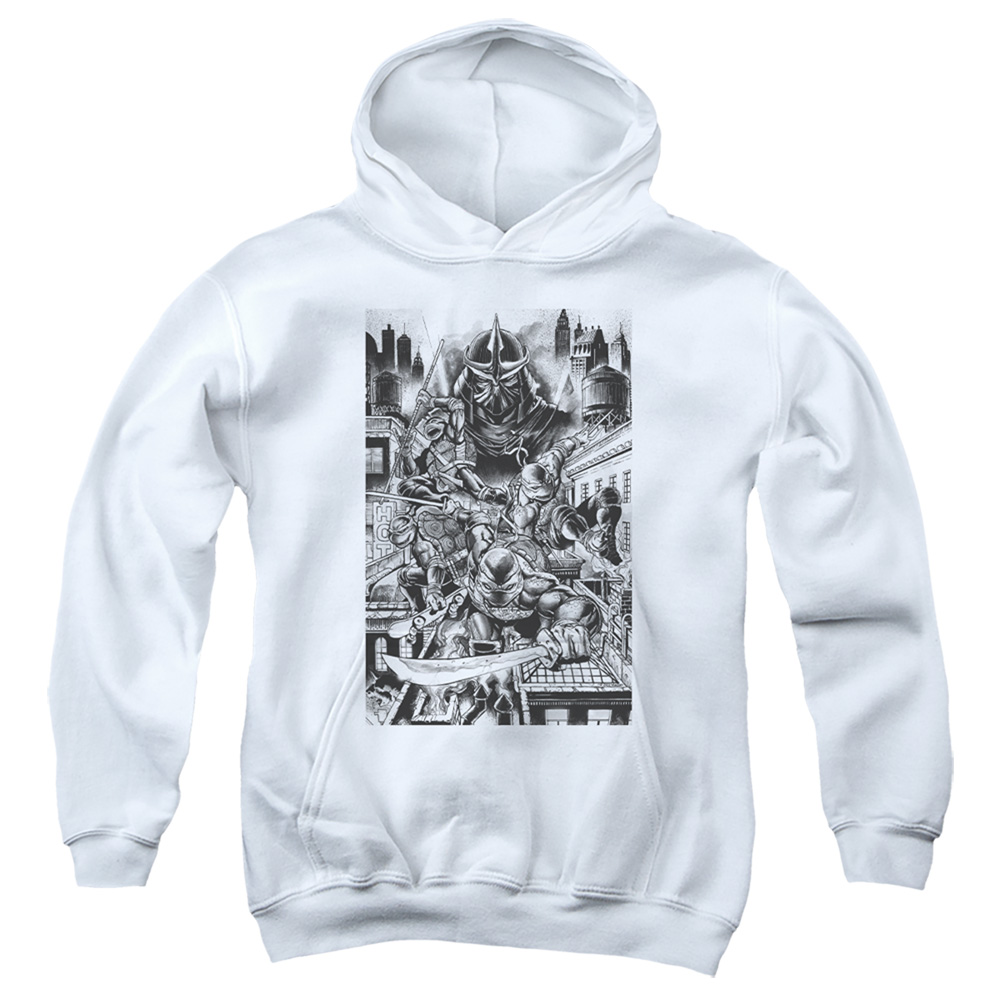NICK315-YFTH-3 Teenage Mutant Ninja Turtles & Take Down Shredder-Youth Pull-Over Hoodie, White - Large