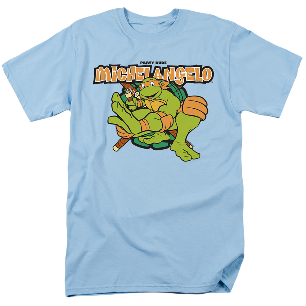 NICK317-AT-2 Teenage Mutant Ninja Turtles & Party Dude Michelangelo Short Sleeve Adult 18-1 T-Shirt, Light Blue - Medium