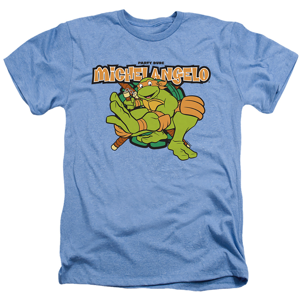 NICK317-HA-2 Teenage Mutant Ninja Turtles & Party Dude Michelangelo-Adult Heather T-Shirt, Light Blue - Medium
