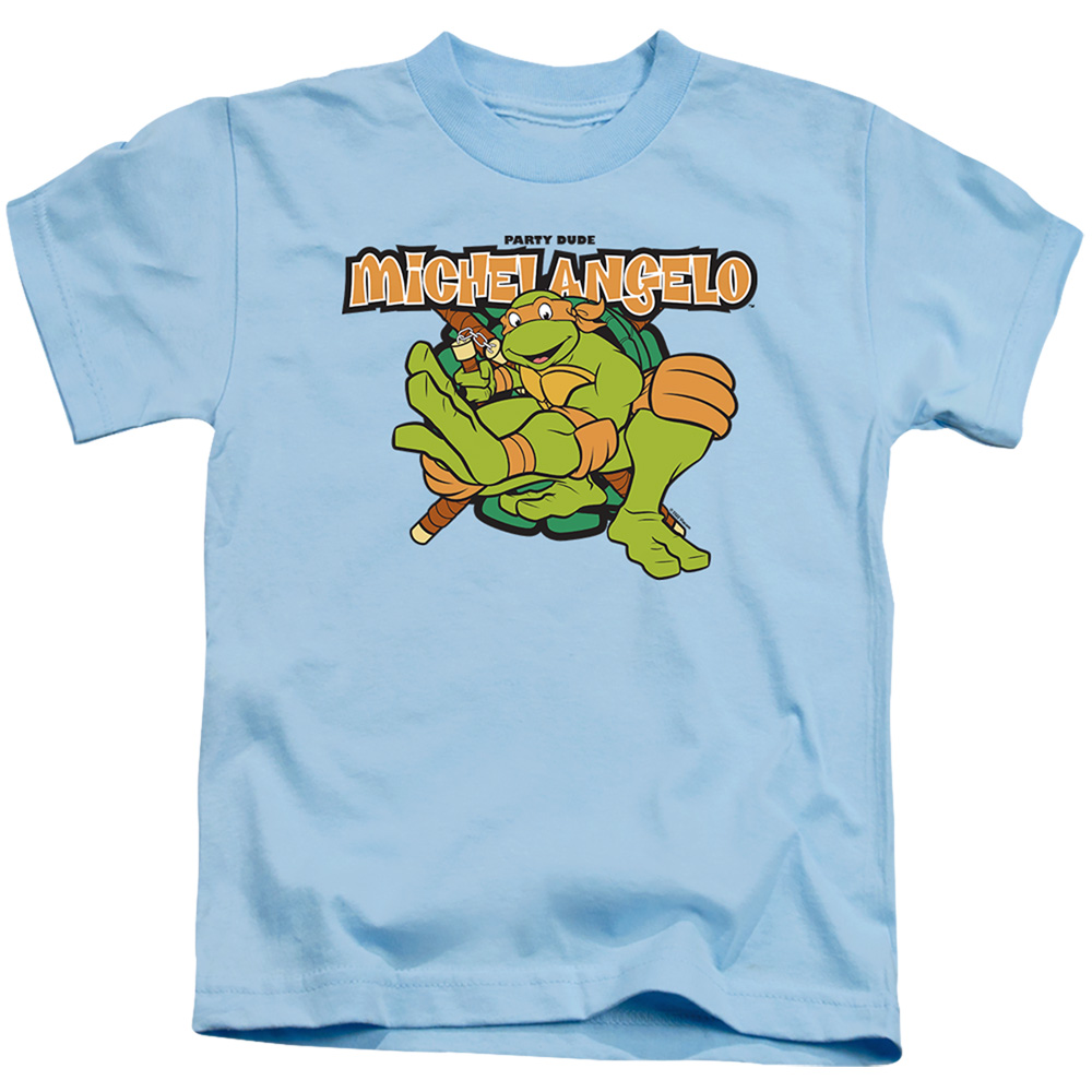 NICK317-KT-2 Teenage Mutant Ninja Turtles & Party Dude Michelangelo Short Sleeve Juvenile 18-1 T-Shirt, Light Blue - Medium 5-6