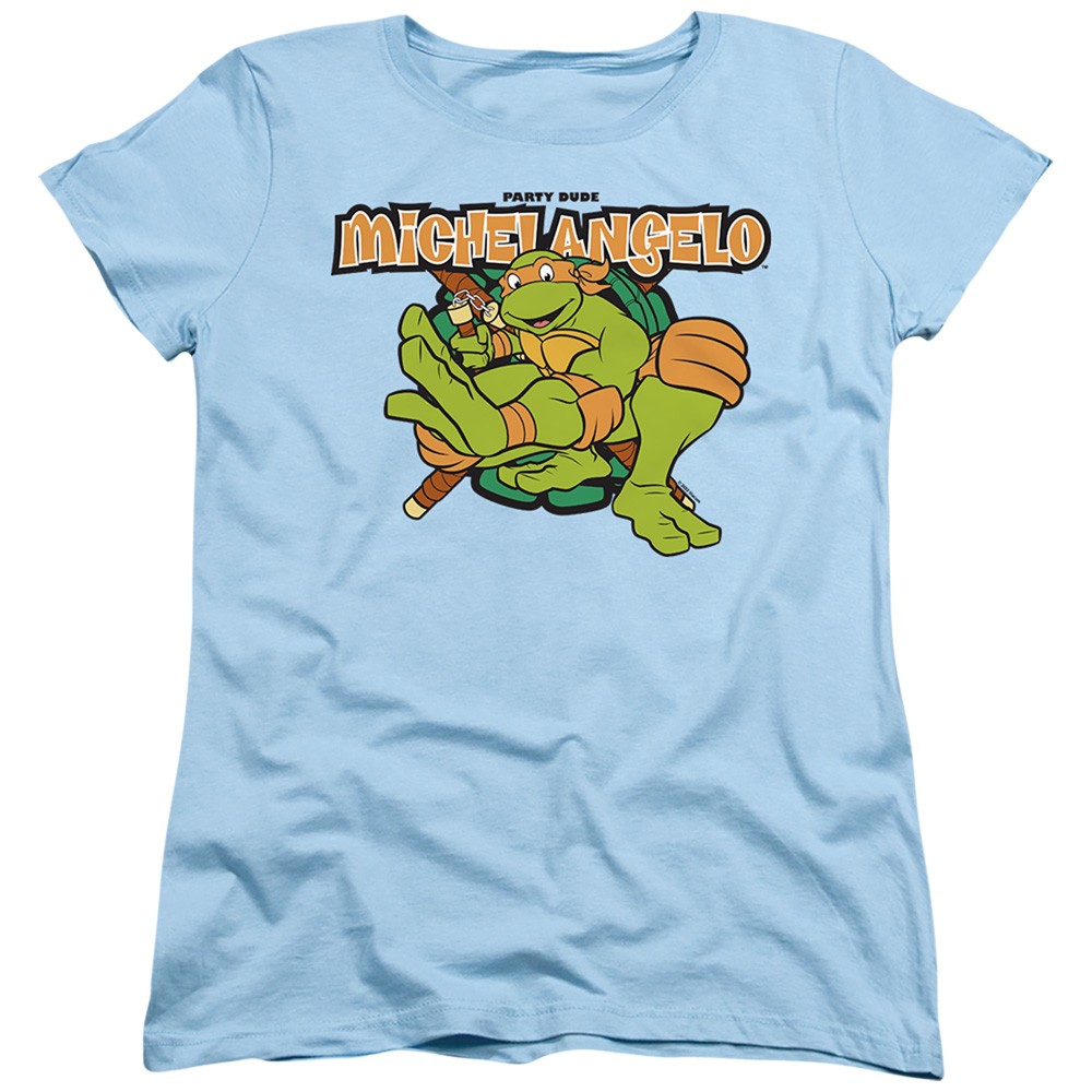 NICK317-WT-2 Teenage Mutant Ninja Turtles & Party Dude Michelangelo Short Sleeve Women T-Shirt, Light Blue - Medium -  Trevco