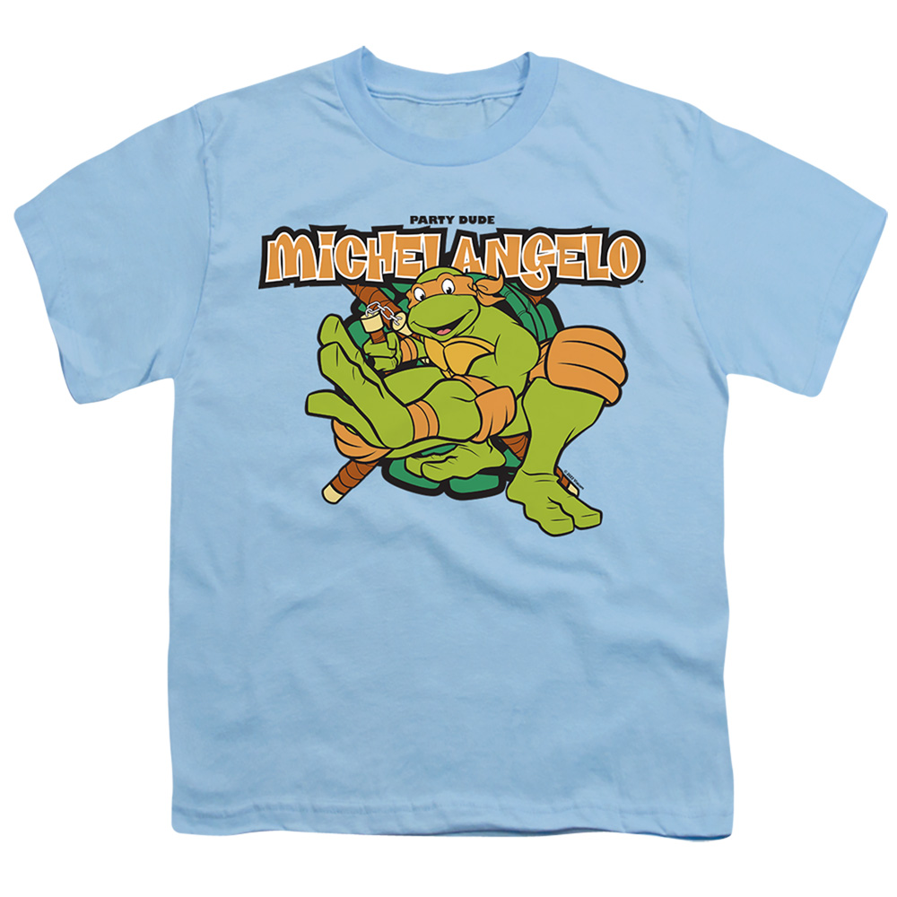 NICK317-YT-2 Teenage Mutant Ninja Turtles & Party Dude Michelangelo Short Sleeve Youth 18-1 T-Shirt, Light Blue - Medium