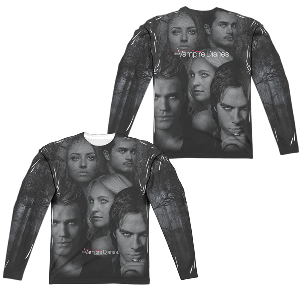 Vampire Diaries & In the Woods Front & Back Print-Long Sleeve Adult Polyester Crew T-Shirt, White - 3X