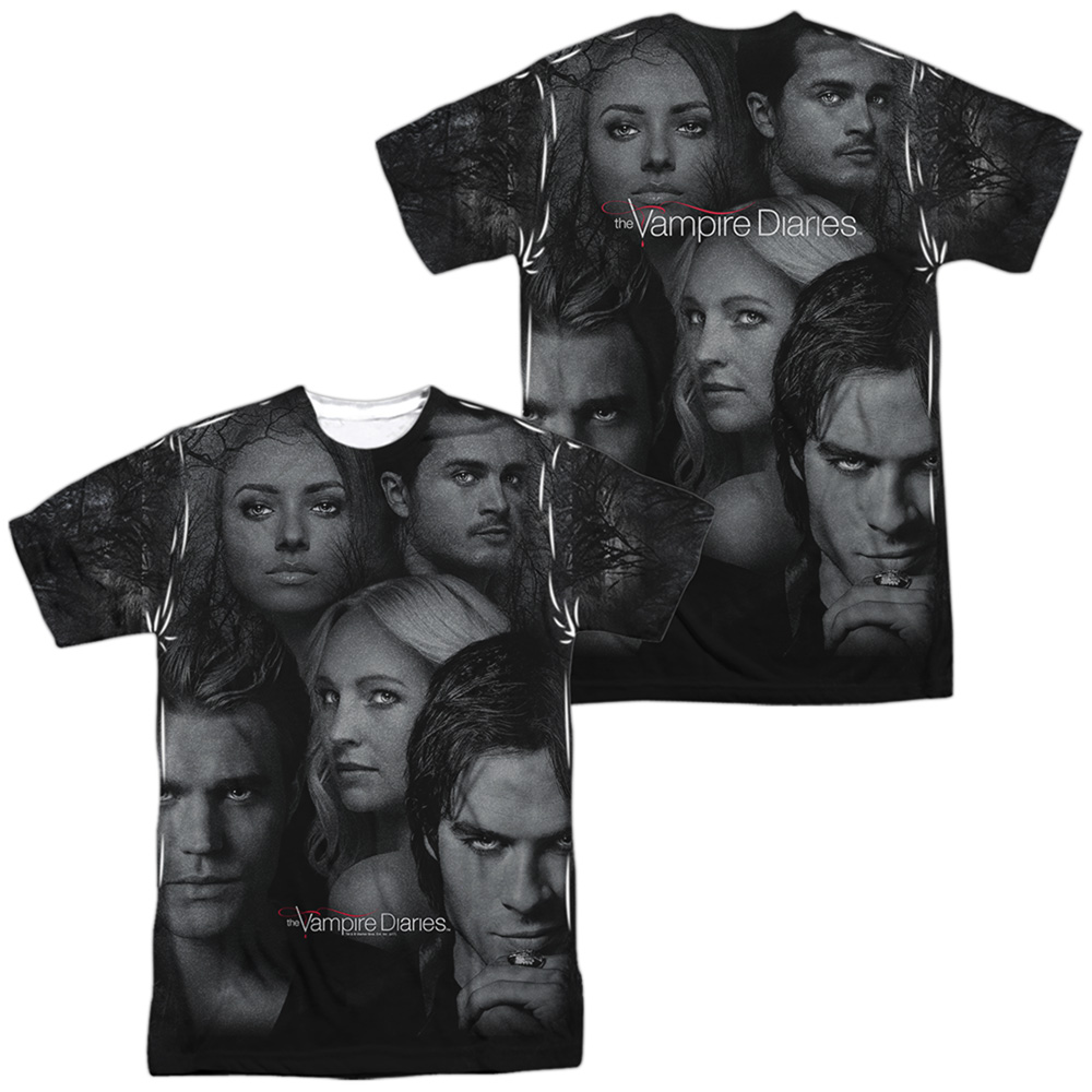 Vampire Diaries & In the Woods Front & Back Print Short Sleeve Adult Polyester Crew T-Shirt, White - Small